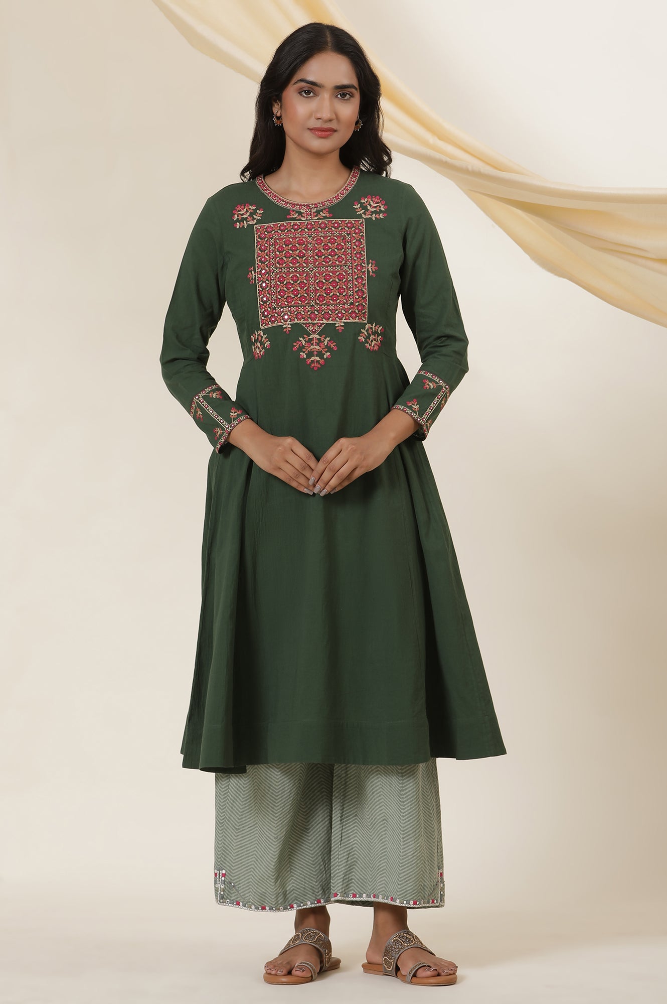 Green Yoke Embroidery Flared Kurta In Cotton Voile