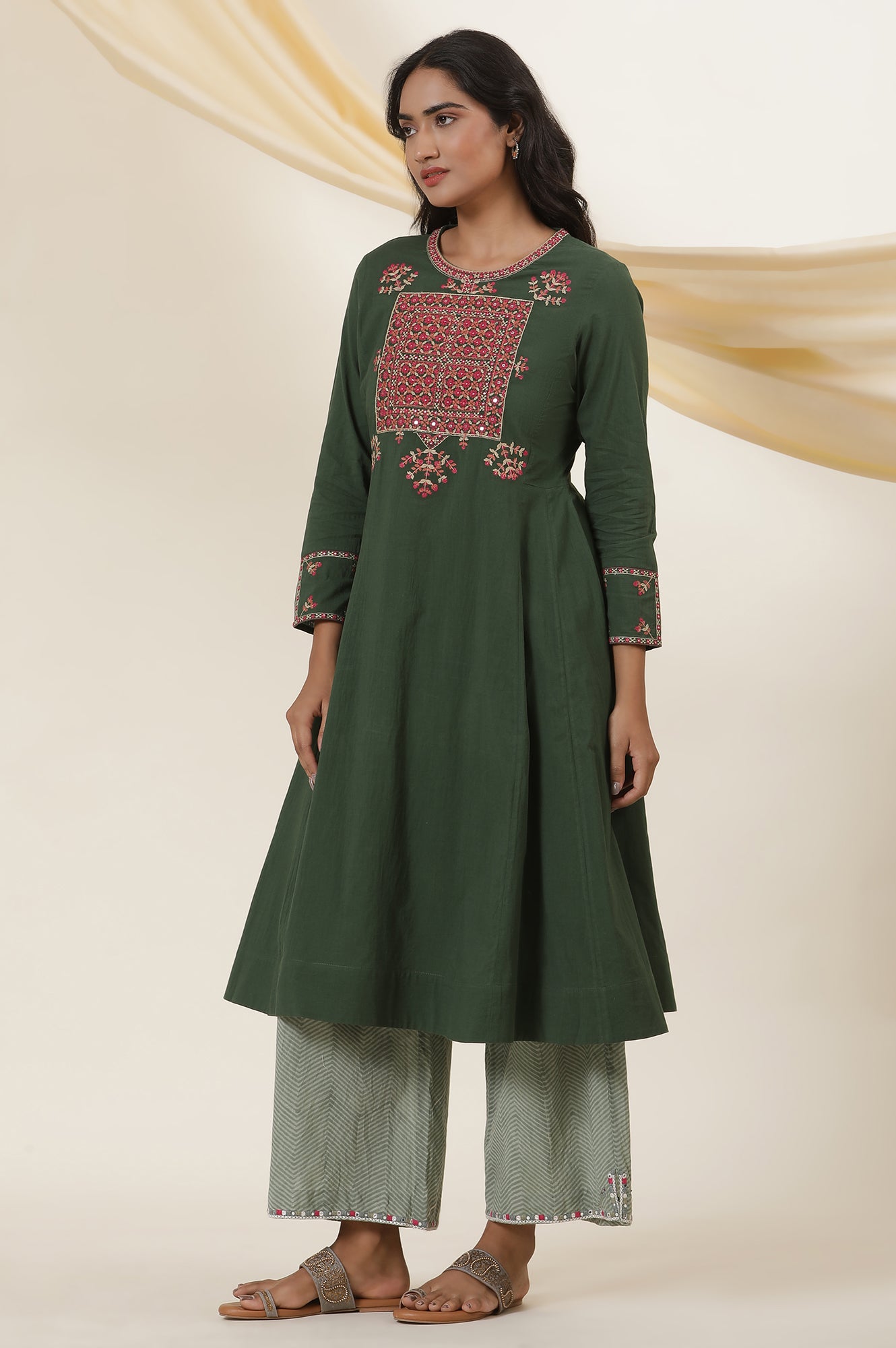 Green Yoke Embroidery Flared Kurta In Cotton Voile