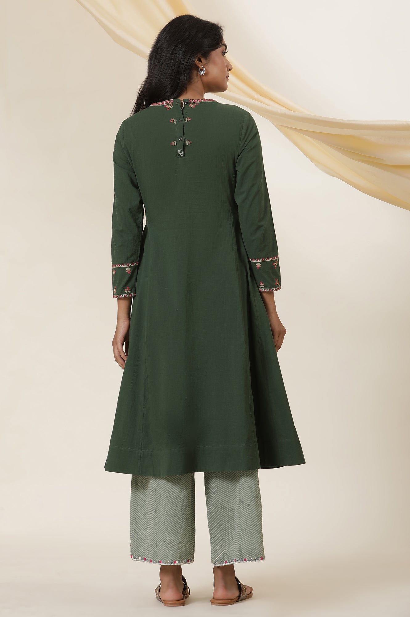 Green Yoke Embroidery Flared Kurta In Cotton Voile