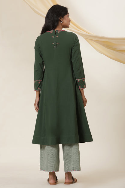 Green Yoke Embroidery Flared Kurta In Cotton Voile