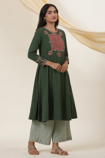 Green Yoke Embroidery Flared Kurta In Cotton Voile