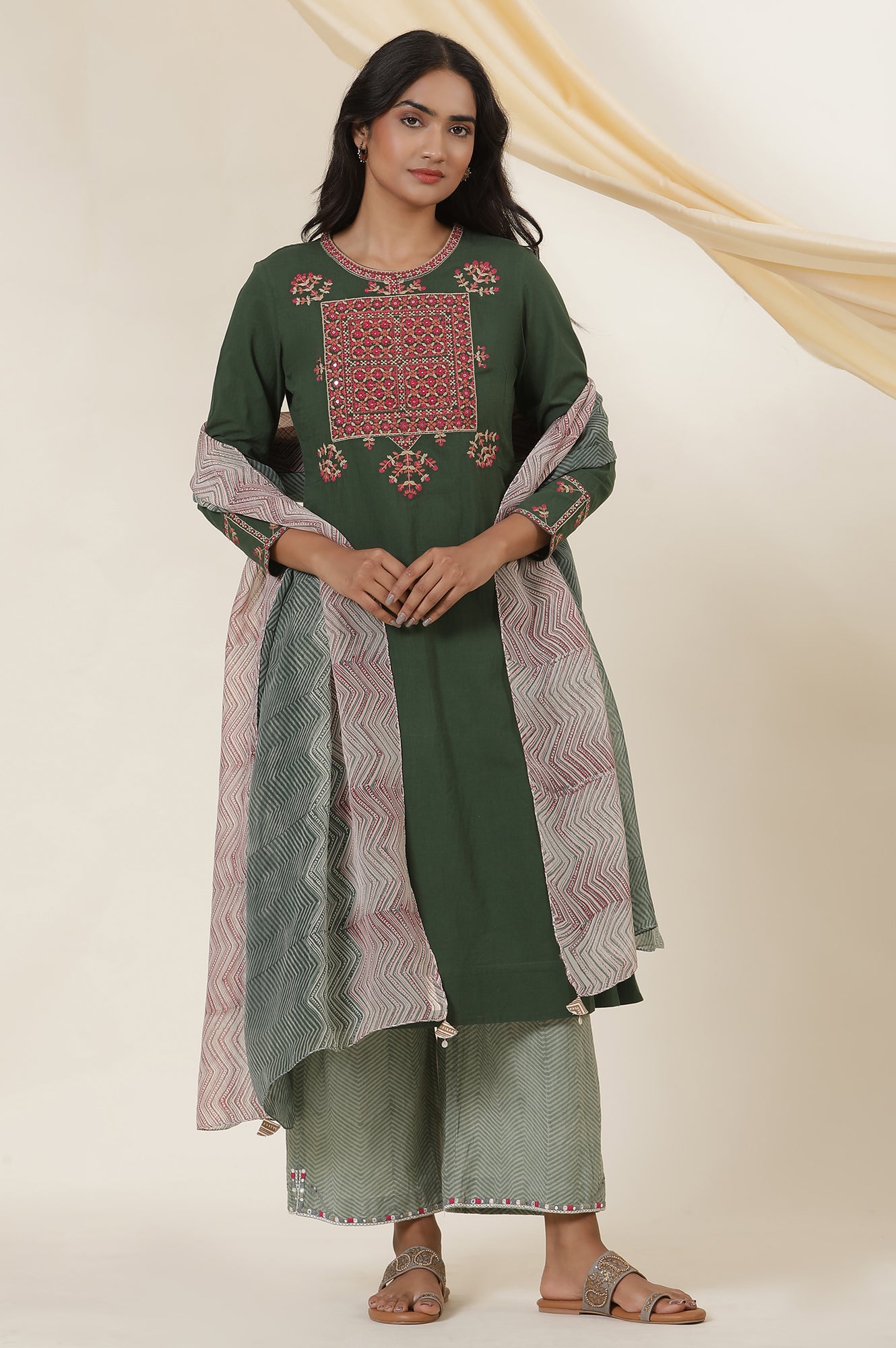 Green Yoke Embroidery Flared Kurta In Cotton Voile