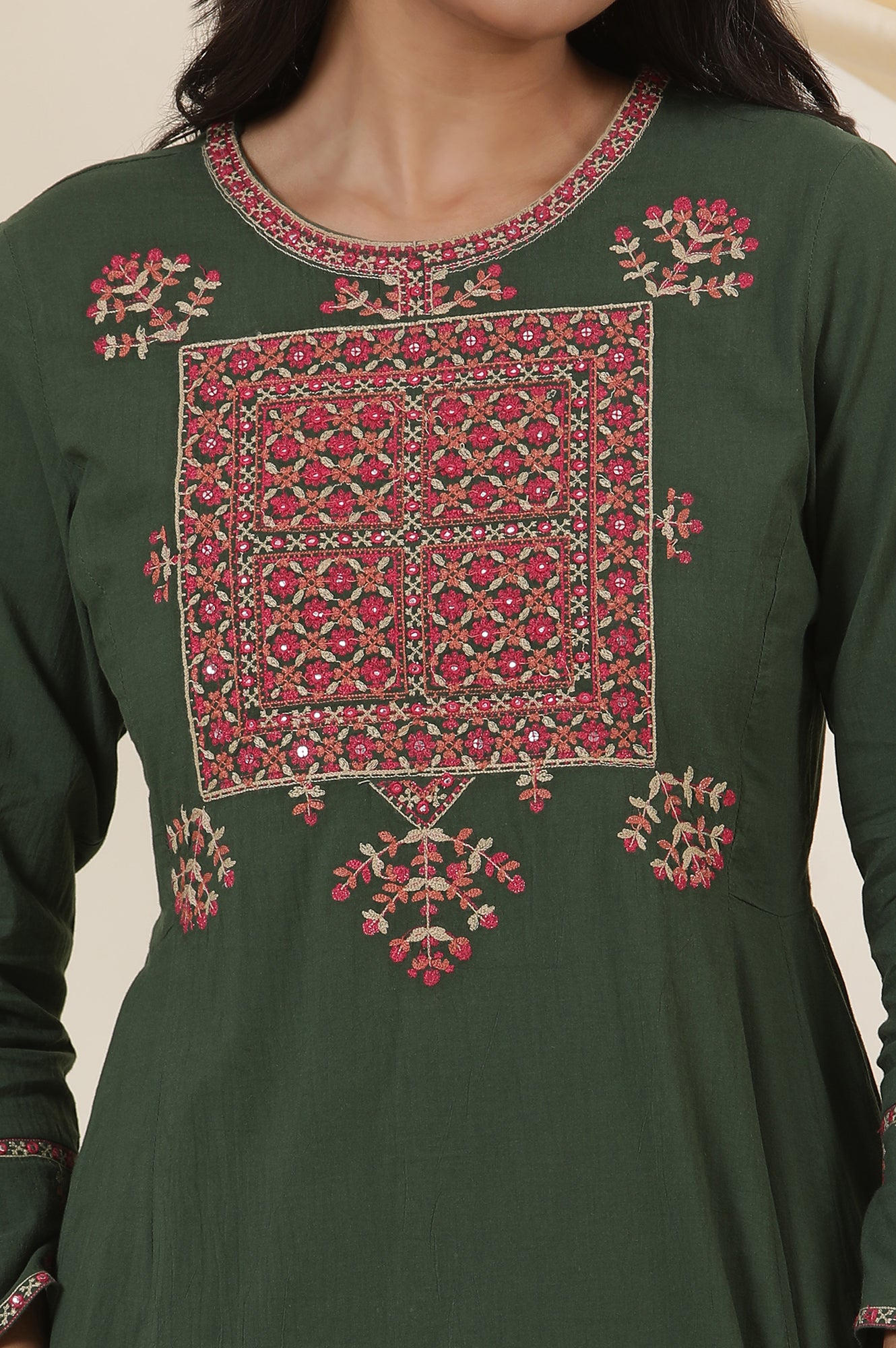 Green Yoke Embroidery Flared Kurta In Cotton Voile