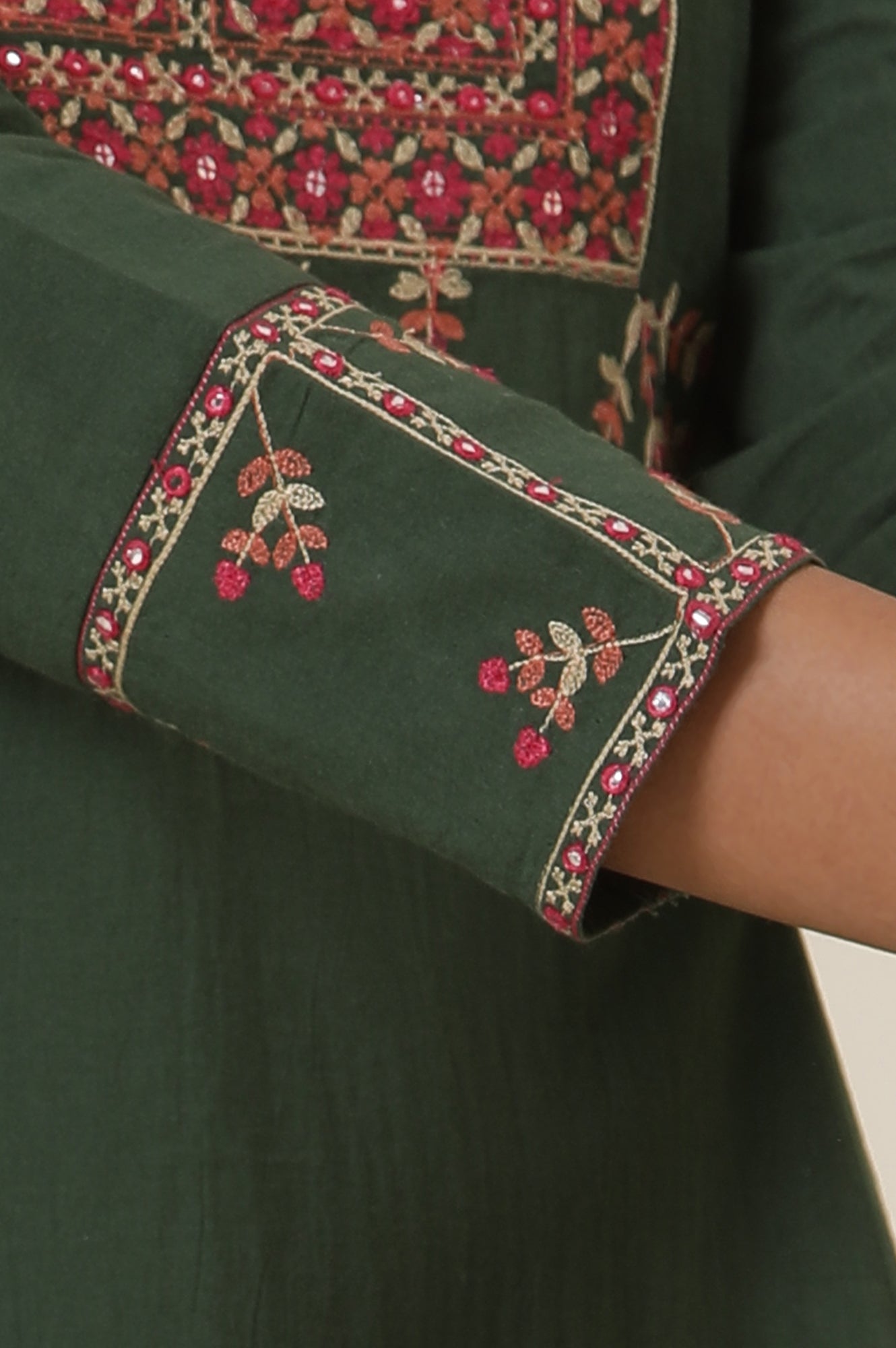 Green Yoke Embroidery Flared Kurta In Cotton Voile