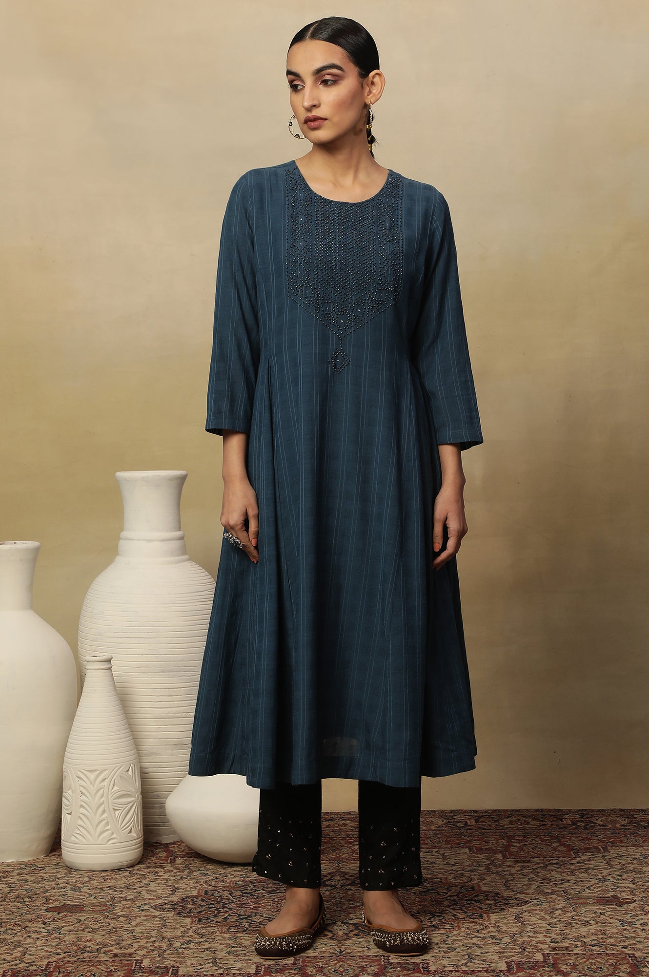 Blue Beadwork Embroidered Kurta In Textured Cotton