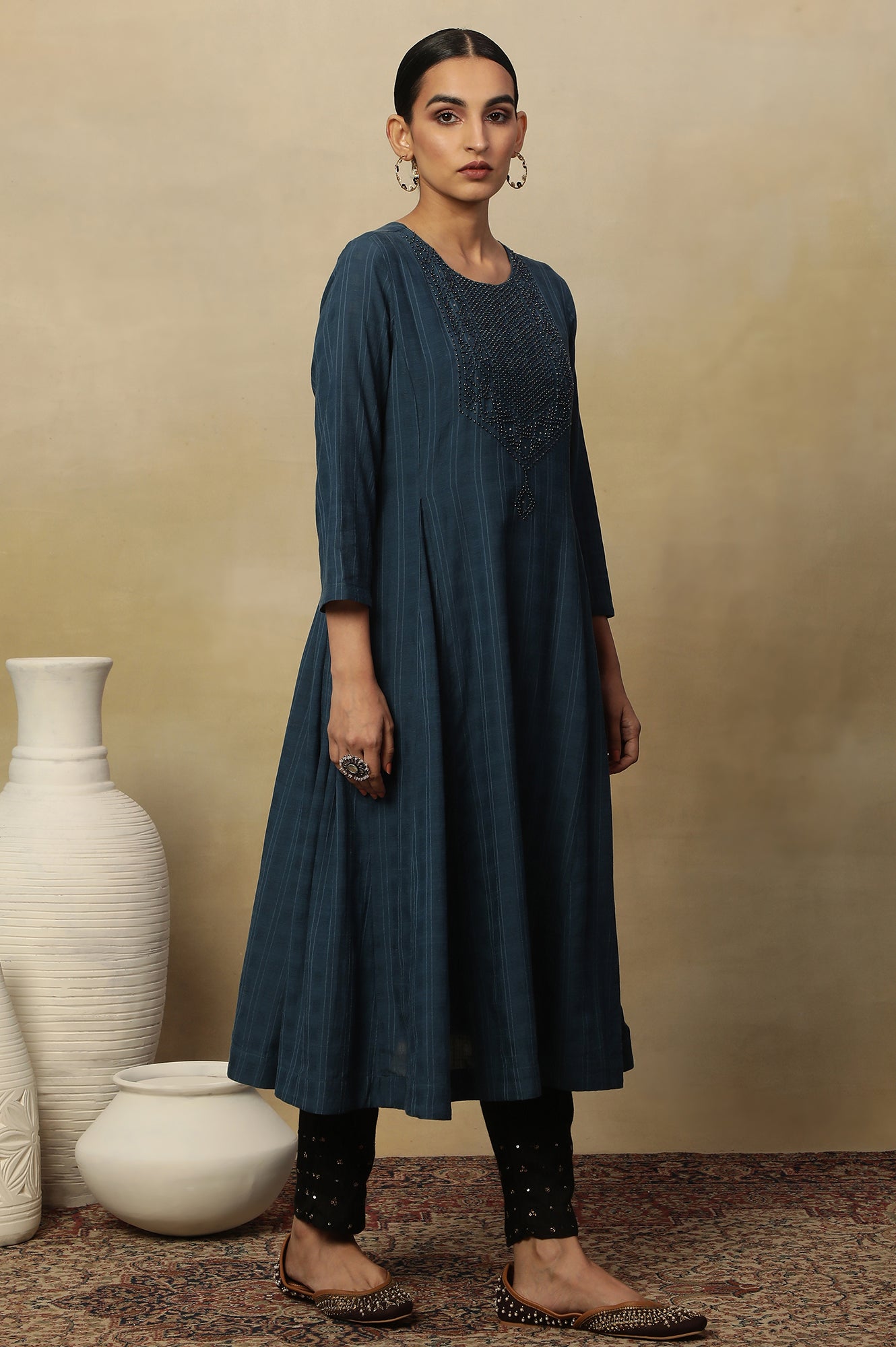 Blue Beadwork Embroidered Kurta In Textured Cotton