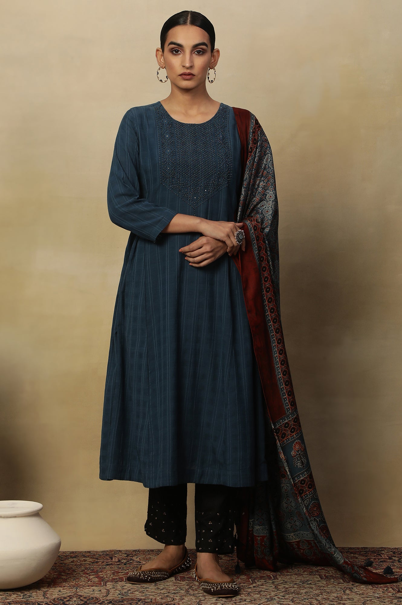 Blue Beadwork Embroidered Kurta In Textured Cotton