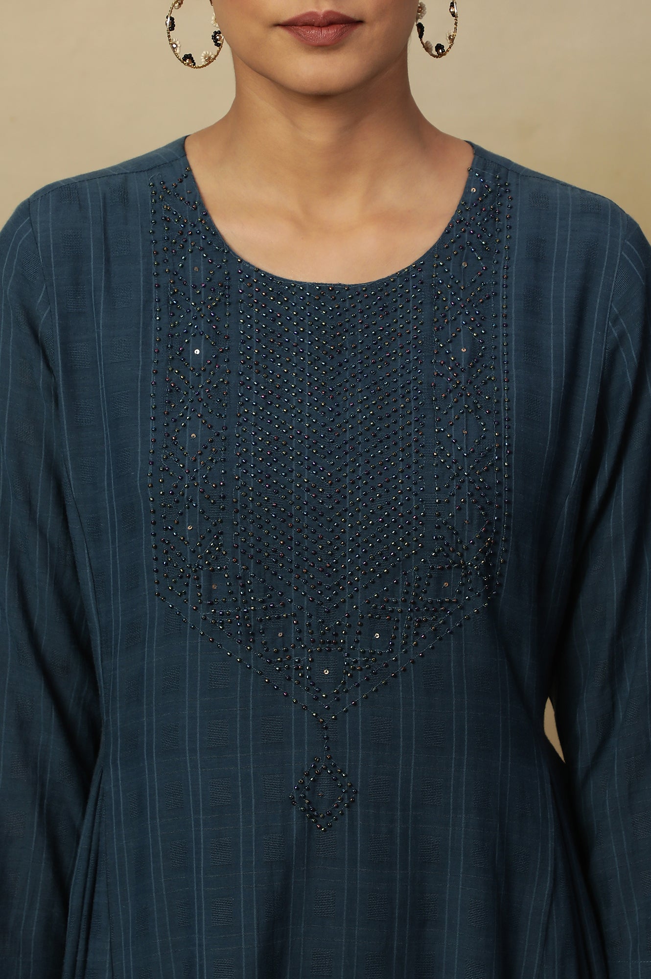 Blue Beadwork Embroidered Kurta In Textured Cotton