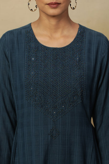 Blue Beadwork Embroidered Kurta In Textured Cotton