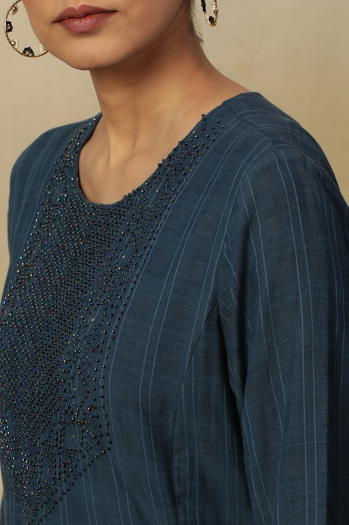 Blue Beadwork Embroidered Kurta In Textured Cotton