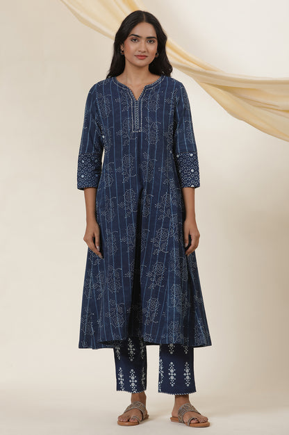 Indigo Booti Print Round Neck Kurta In Cotton Voile