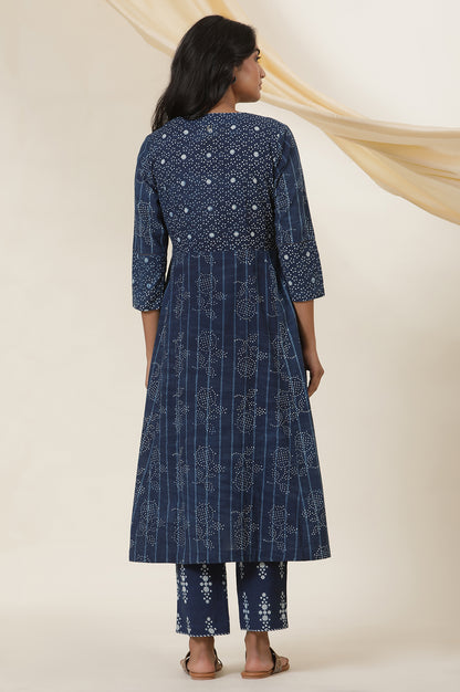 Indigo Booti Print Round Neck Kurta In Cotton Voile