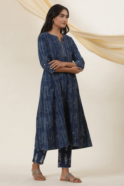 Indigo Booti Print Round Neck Kurta In Cotton Voile