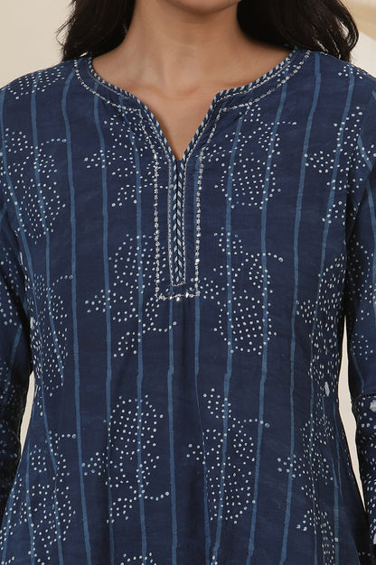 Indigo Booti Print Round Neck Kurta In Cotton Voile