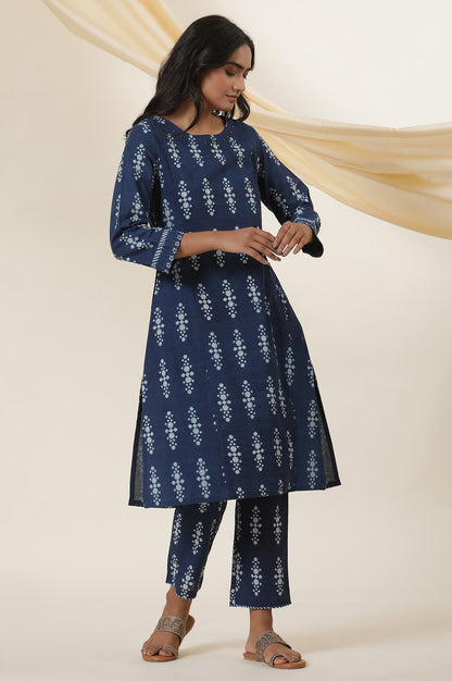 Indigo Buti Block Print Round Neck Kurta