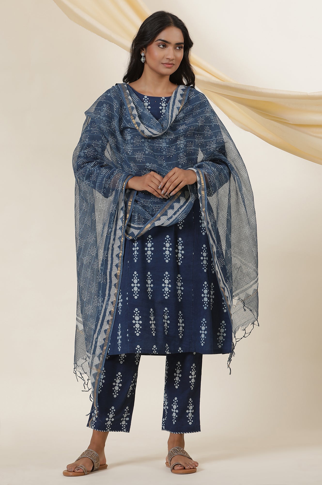 Indigo Buti Block Print Round Neck Kurta