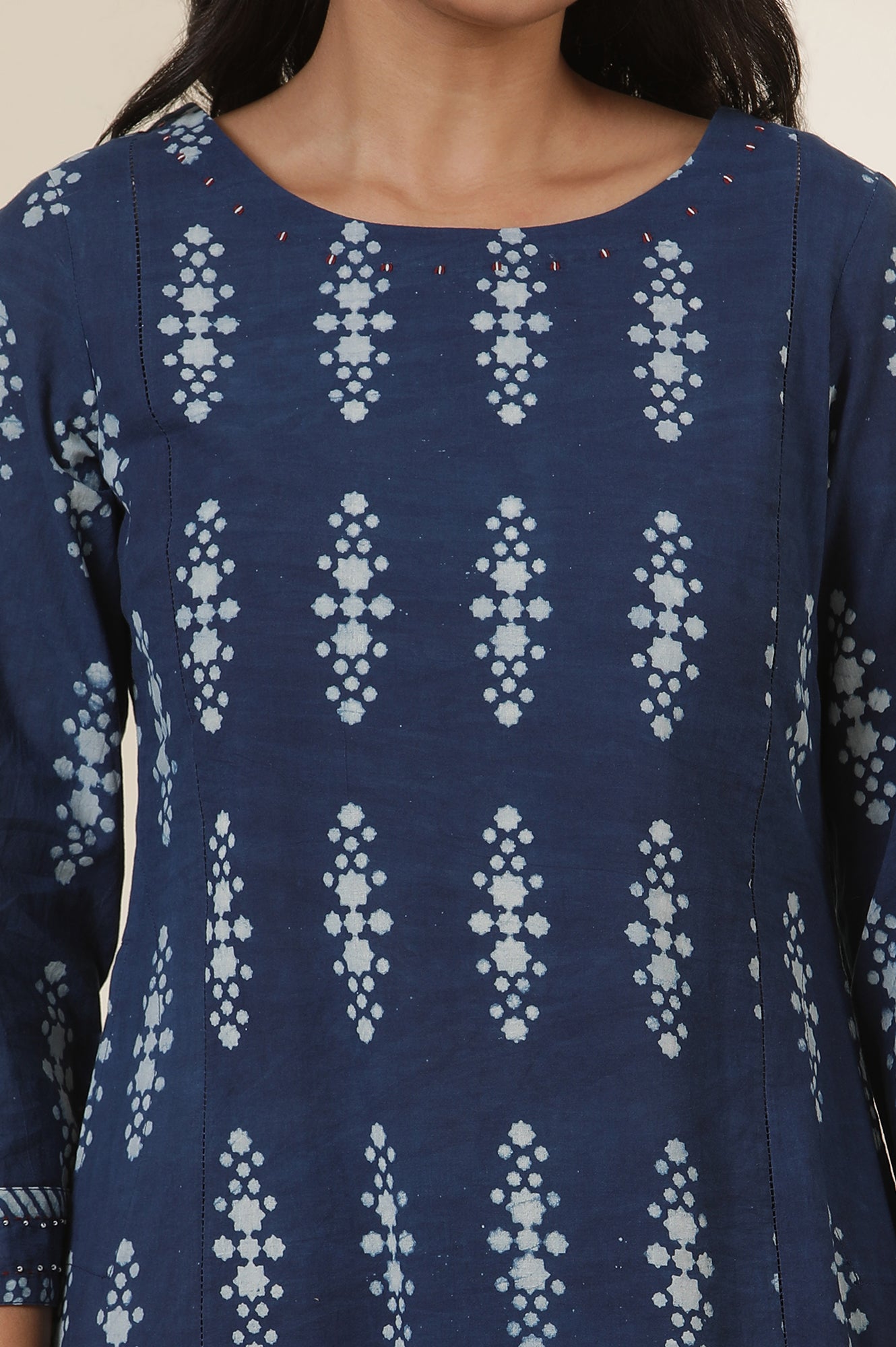 Indigo Buti Block Print Round Neck Kurta