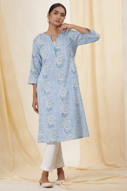 Snow Blue Deer Print V-Neck Kurta