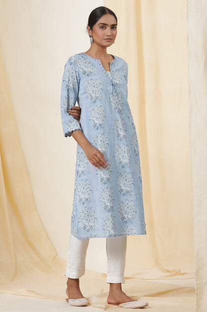 Snow Blue Deer Print V-Neck Kurta