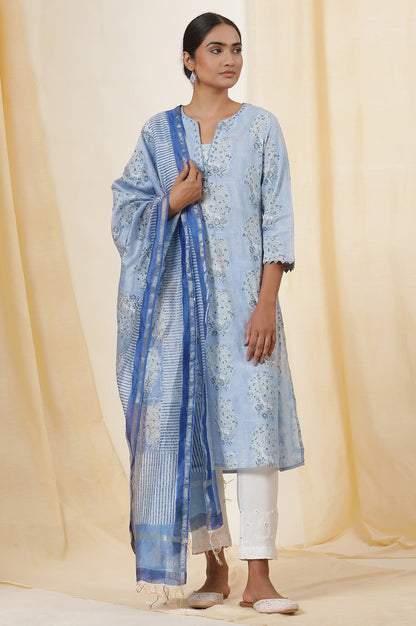 Snow Blue Deer Print V-Neck Kurta