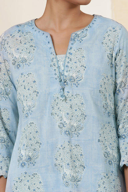 Snow Blue Deer Print V-Neck Kurta