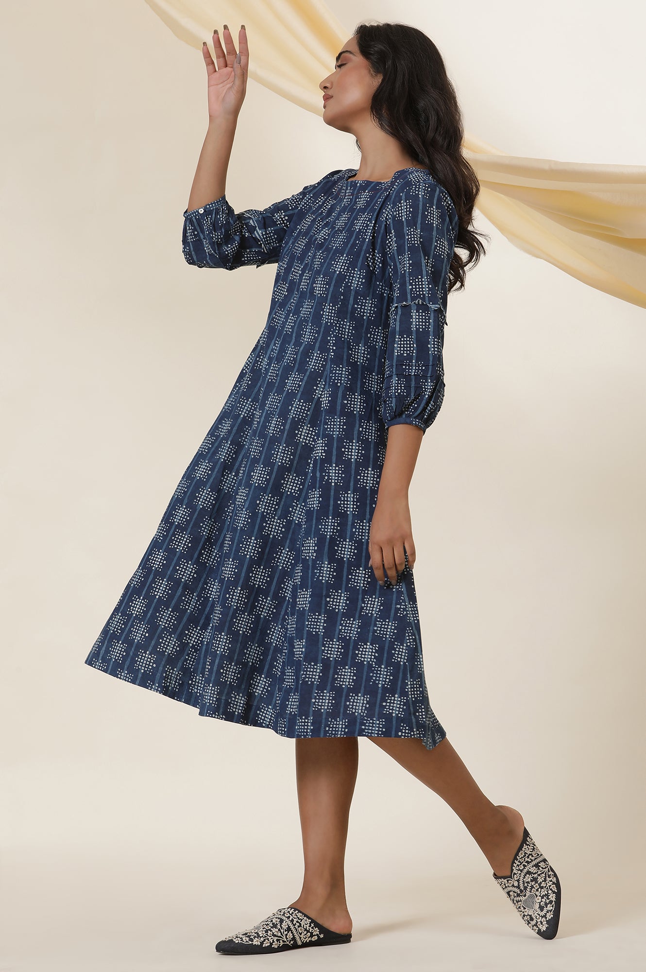 Indigo Dot Print Round Neck Flared Dress