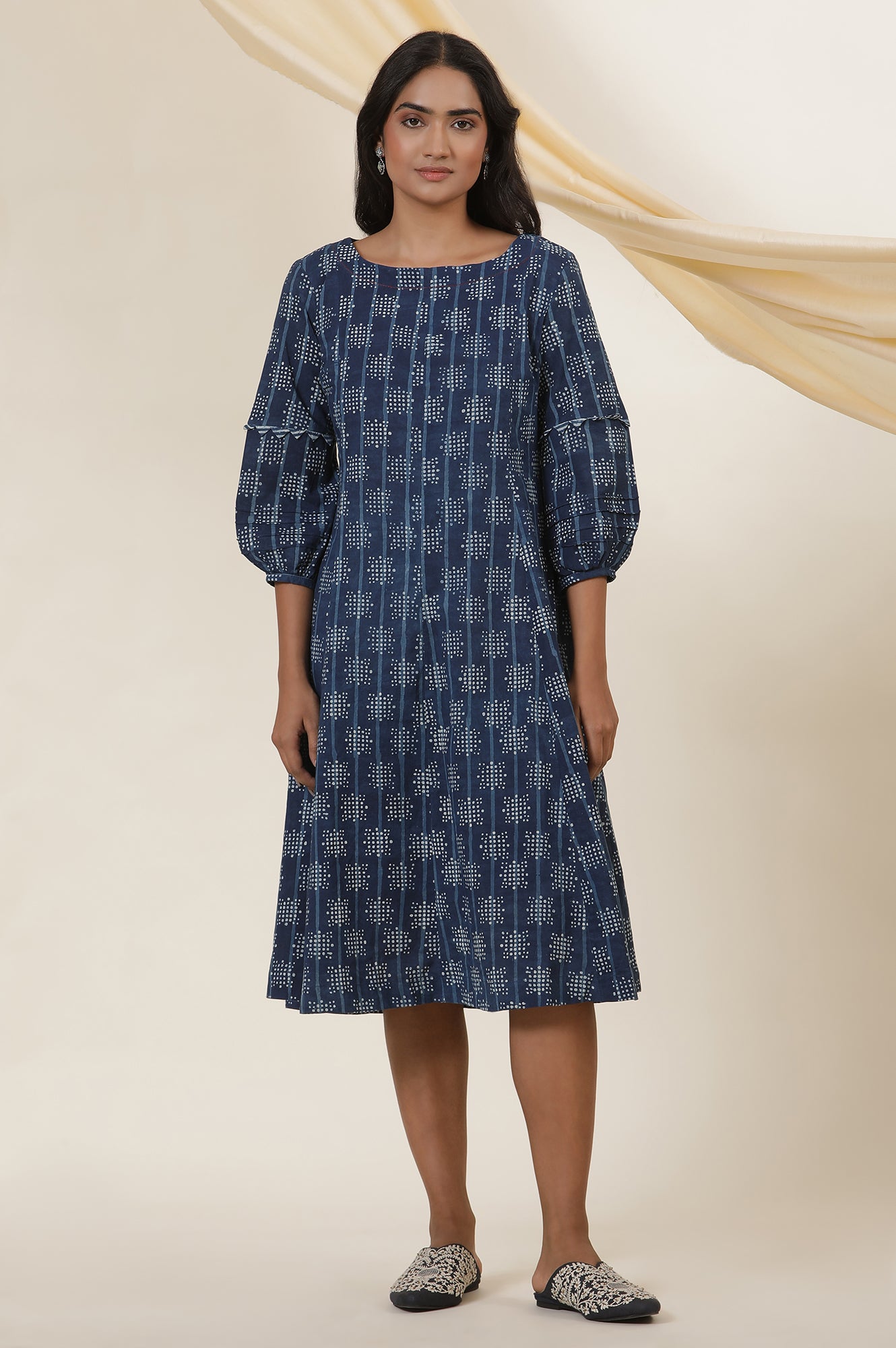 Indigo Dot Print Round Neck Flared Dress