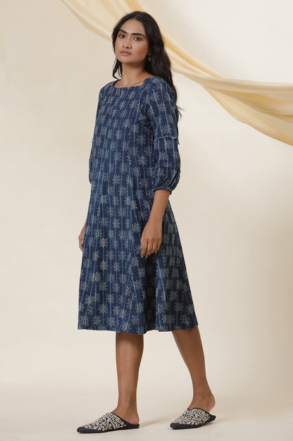 Indigo Dot Print Round Neck Flared Dress