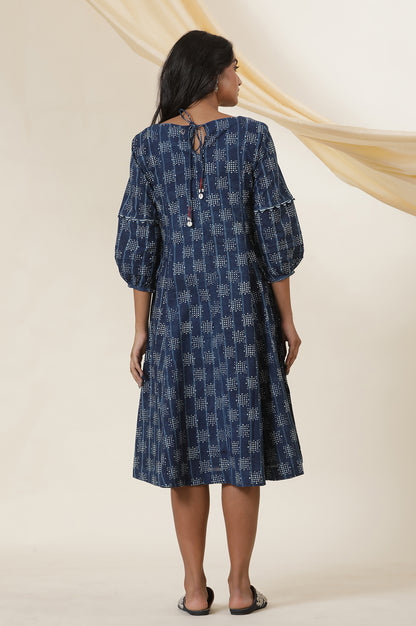 Indigo Dot Print Round Neck Flared Dress