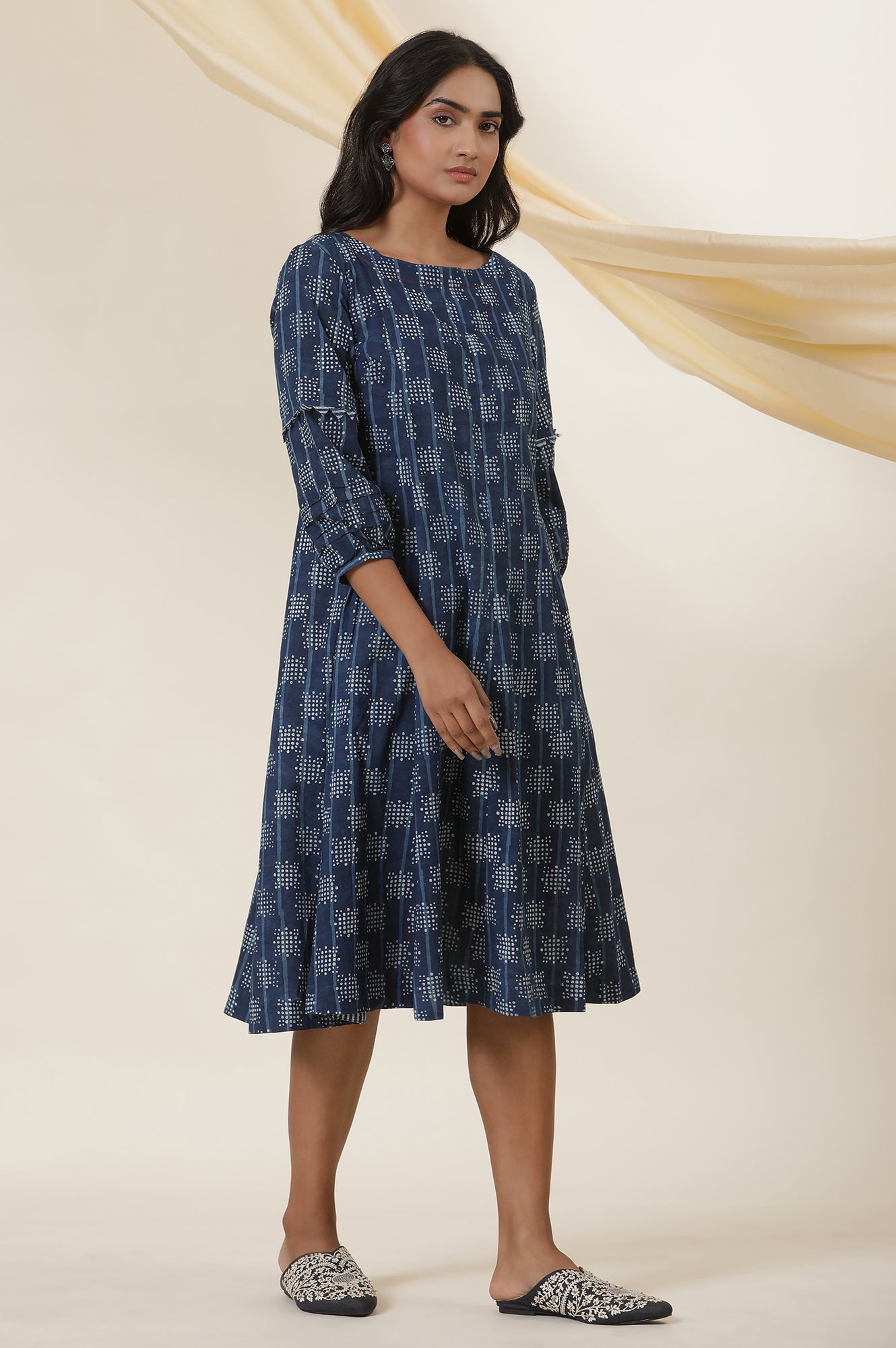 Indigo Dot Print Round Neck Flared Dress