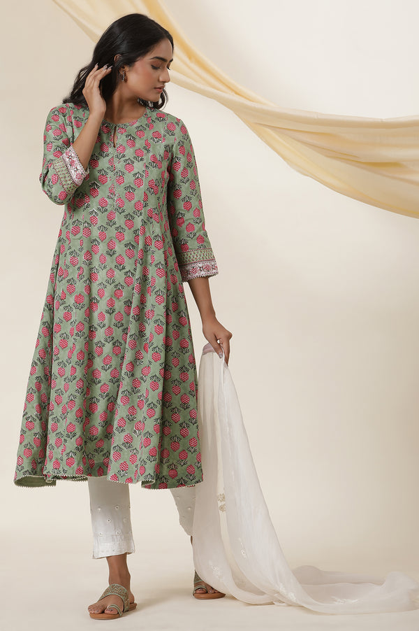 Green Buti Block Print Panelled Kurta