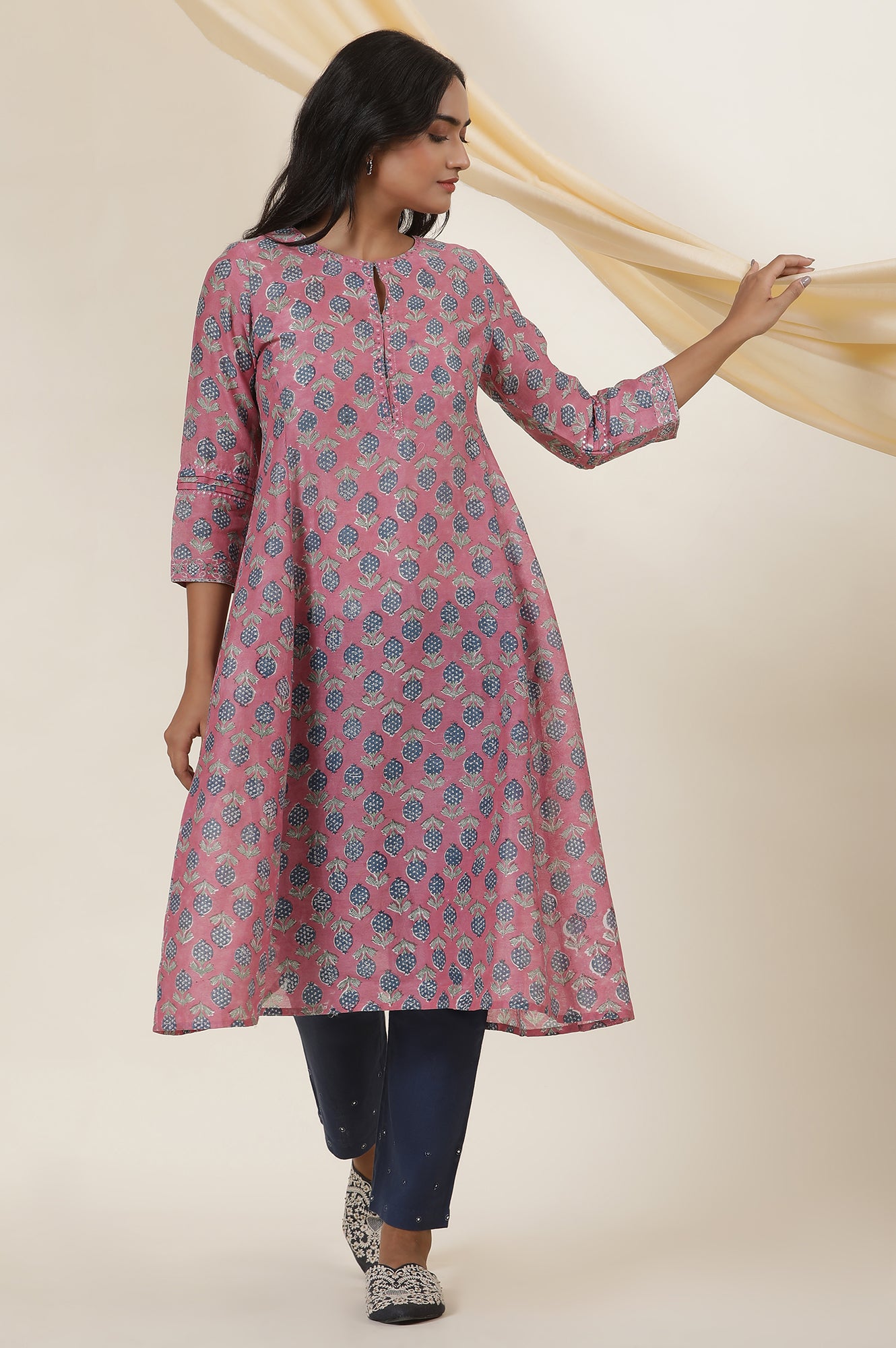 Pink Round Neck Block Print Kurta