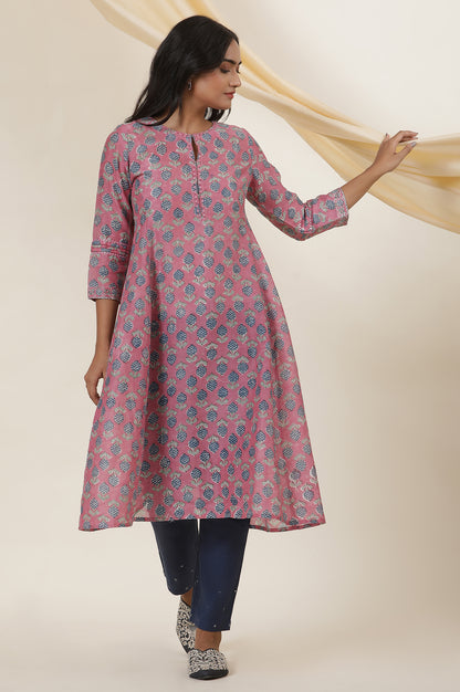 Pink Round Neck Block Print Kurta