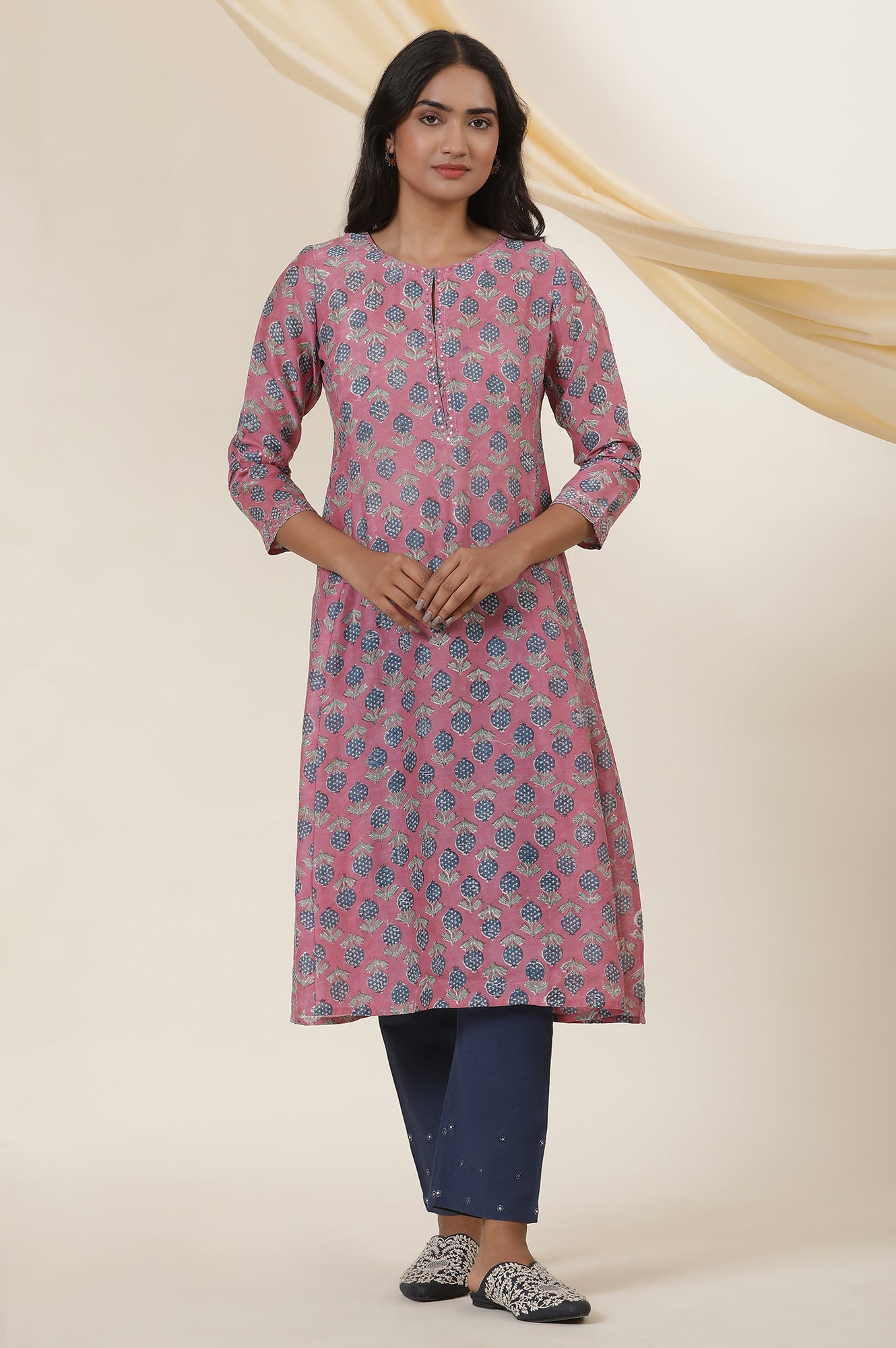 Pink Round Neck Block Print Kurta