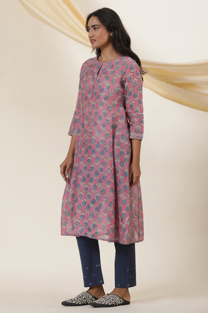 Pink Round Neck Block Print Kurta