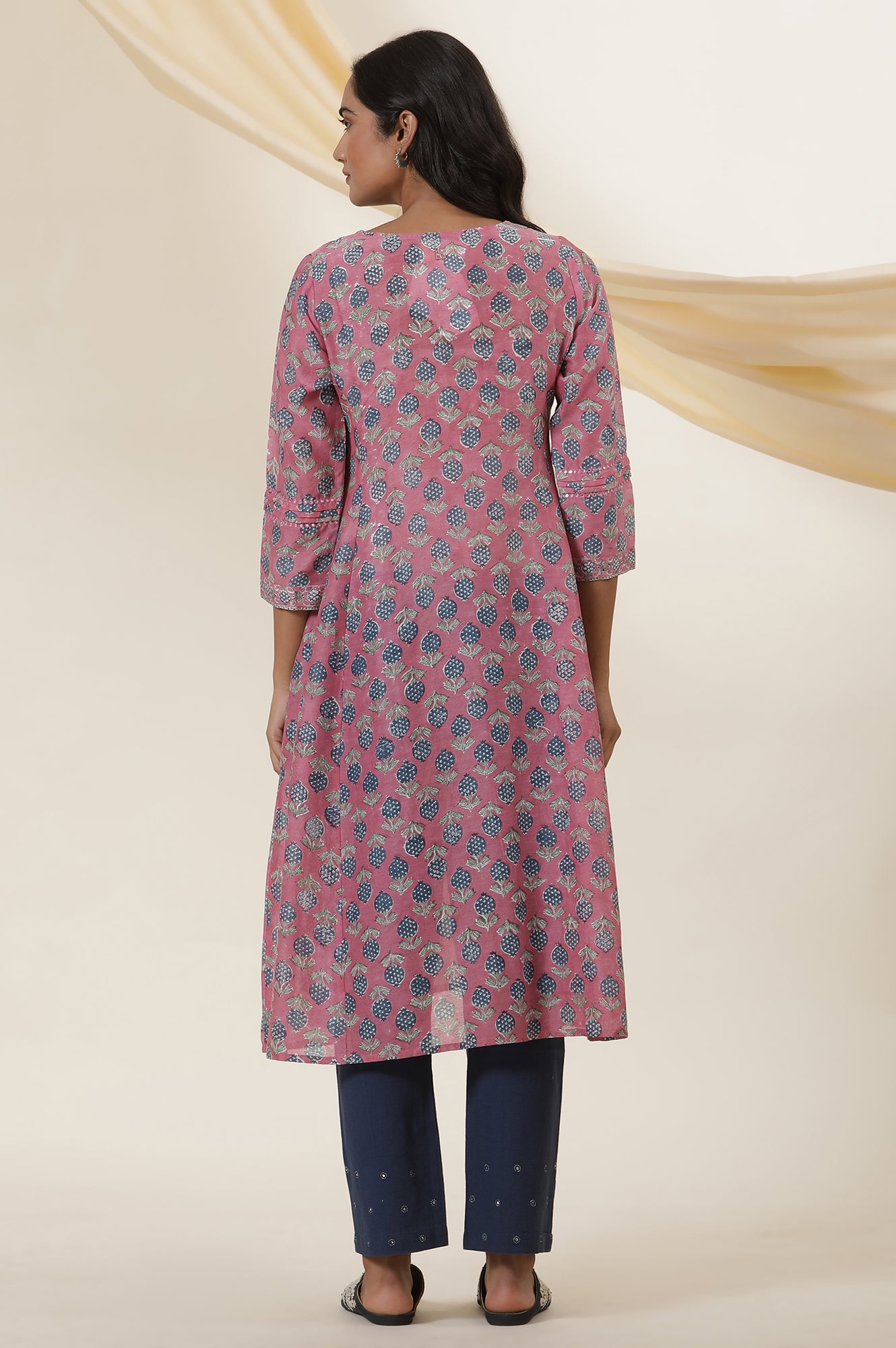 Pink Round Neck Block Print Kurta