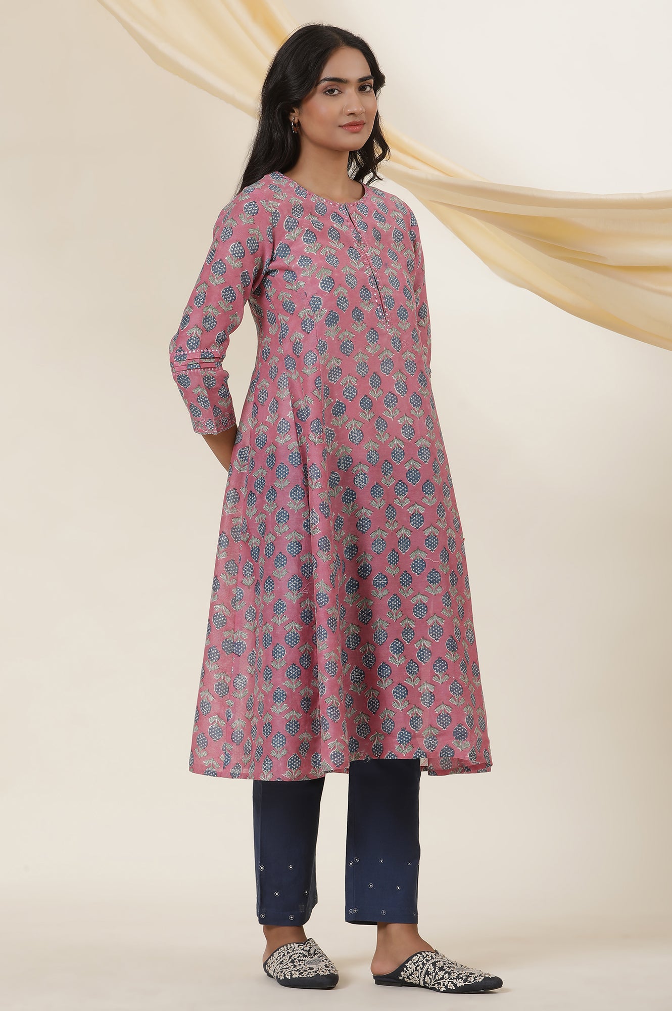 Pink Round Neck Block Print Kurta