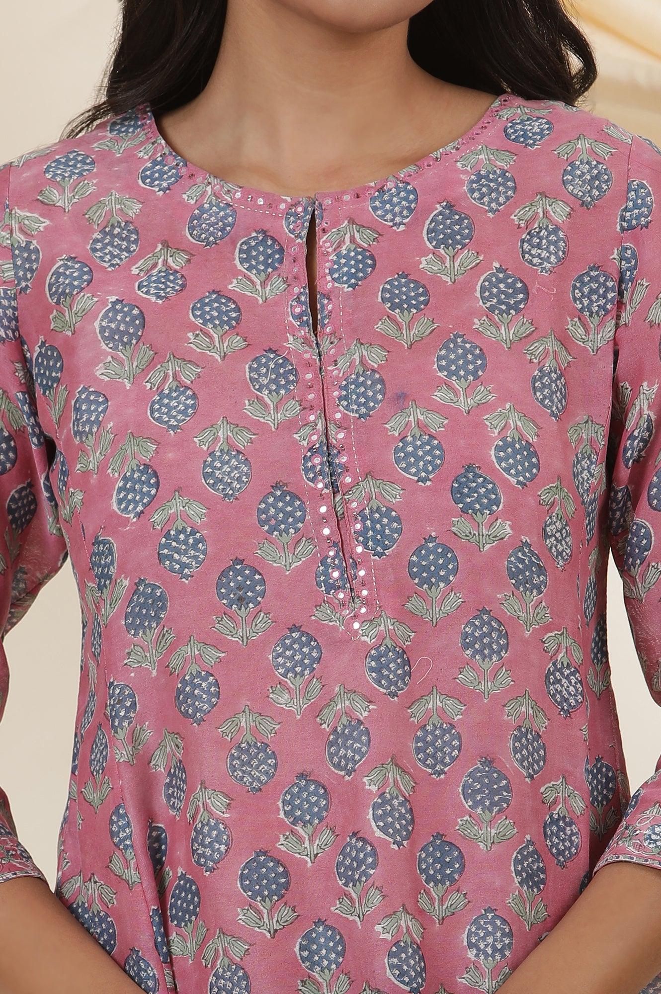 Pink Round Neck Block Print Kurta