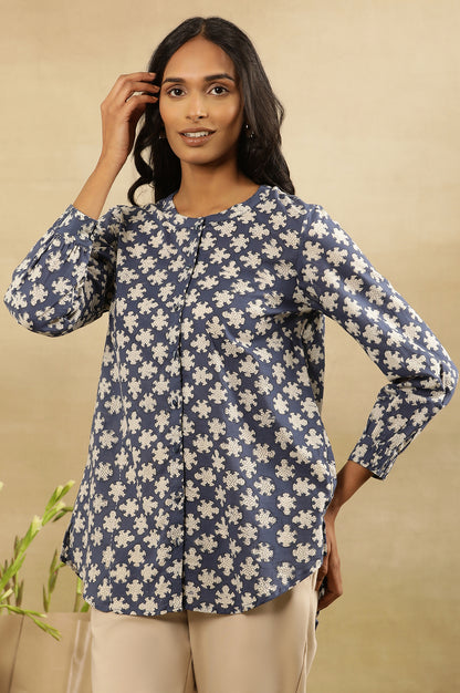 Indigo Dabu Block Printed Top With Mandarin Collar