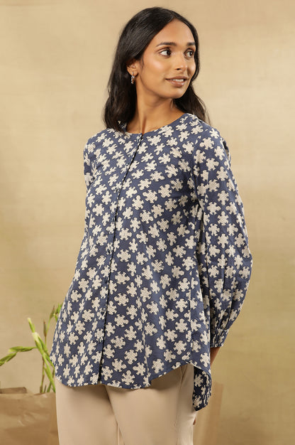 Indigo Dabu Block Printed Top With Mandarin Collar