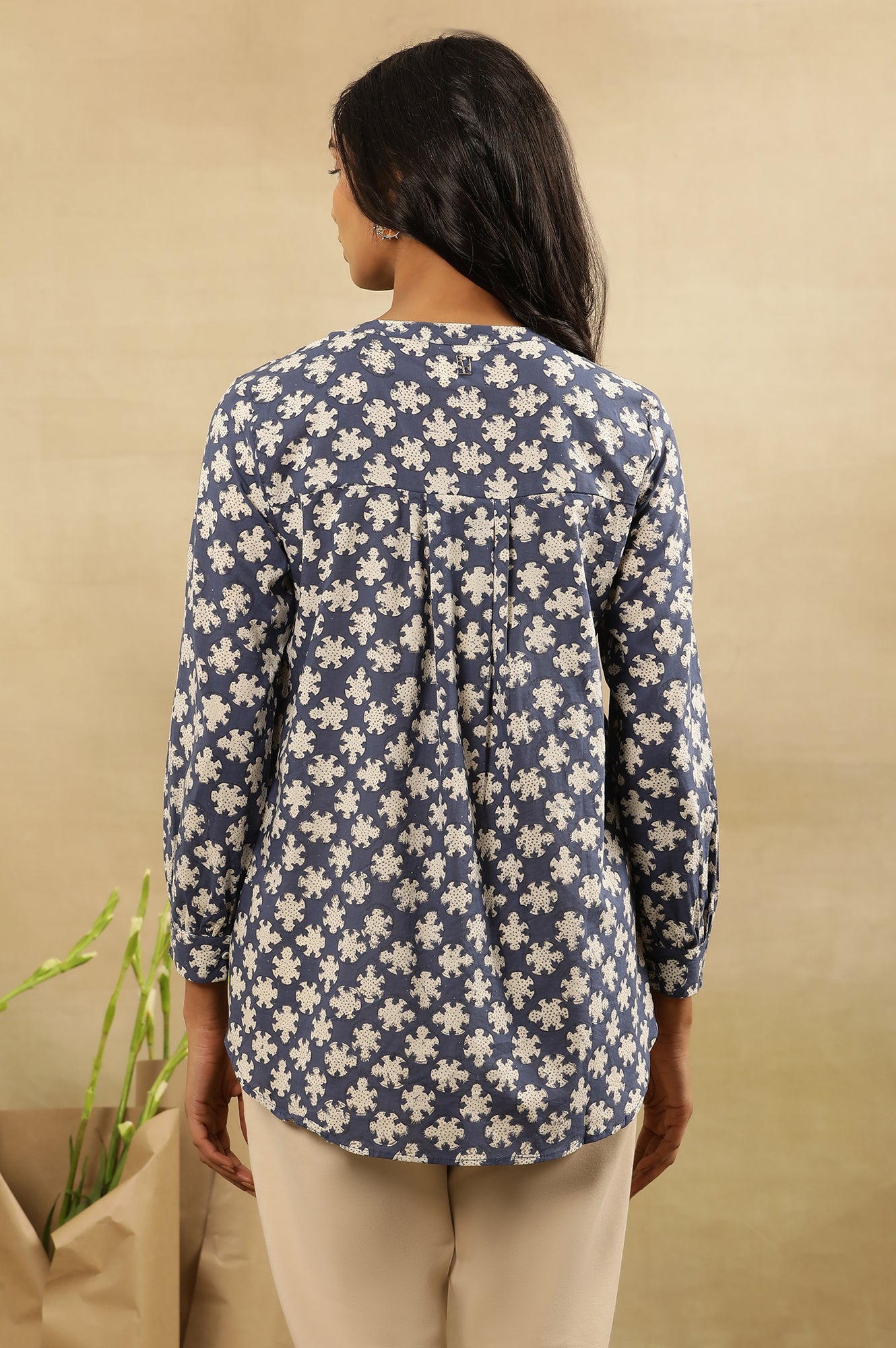 Indigo Dabu Block Printed Top With Mandarin Collar