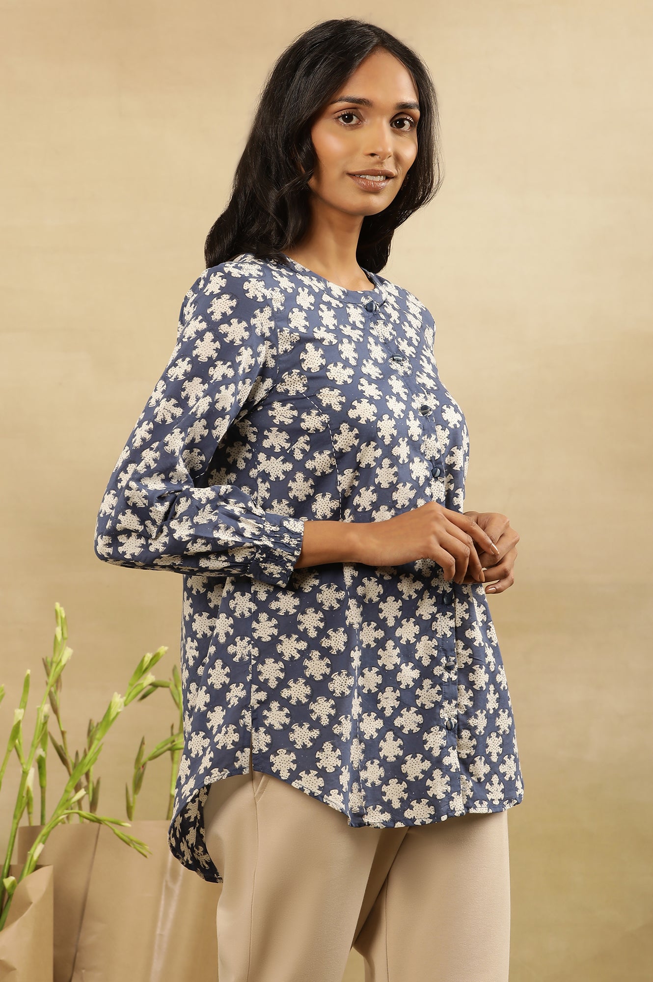 Indigo Dabu Block Printed Top With Mandarin Collar