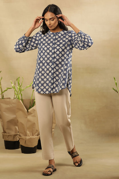 Indigo Dabu Block Printed Top With Mandarin Collar