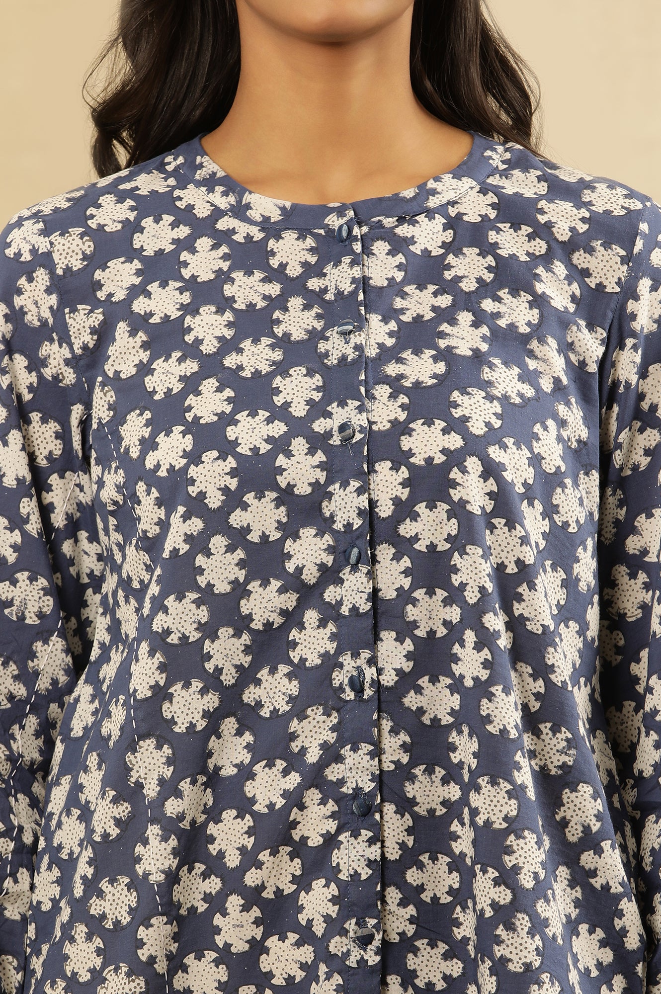 Indigo Dabu Block Printed Top With Mandarin Collar