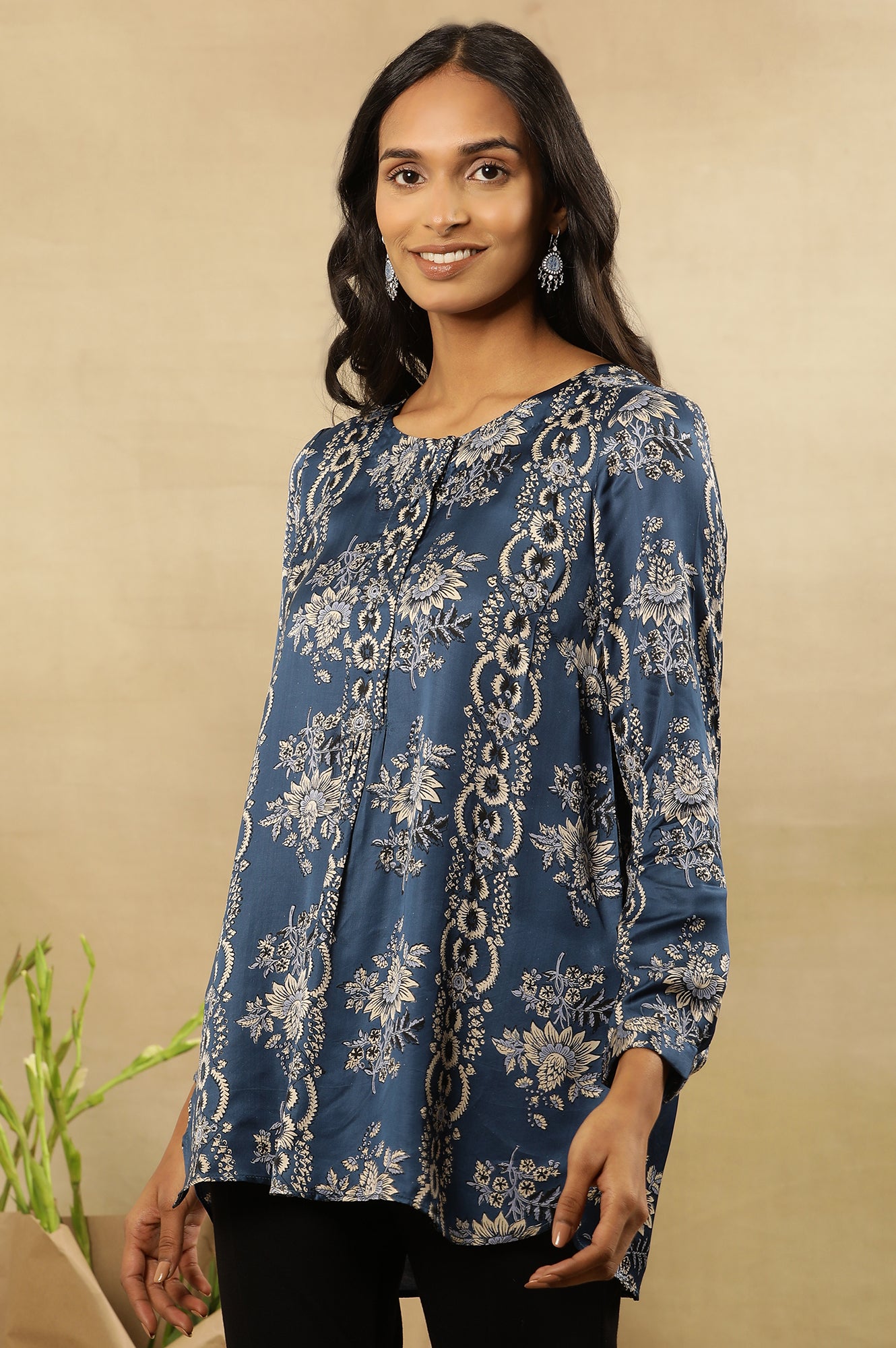 Blue Ajrakh Floral Print Top With Half Placket