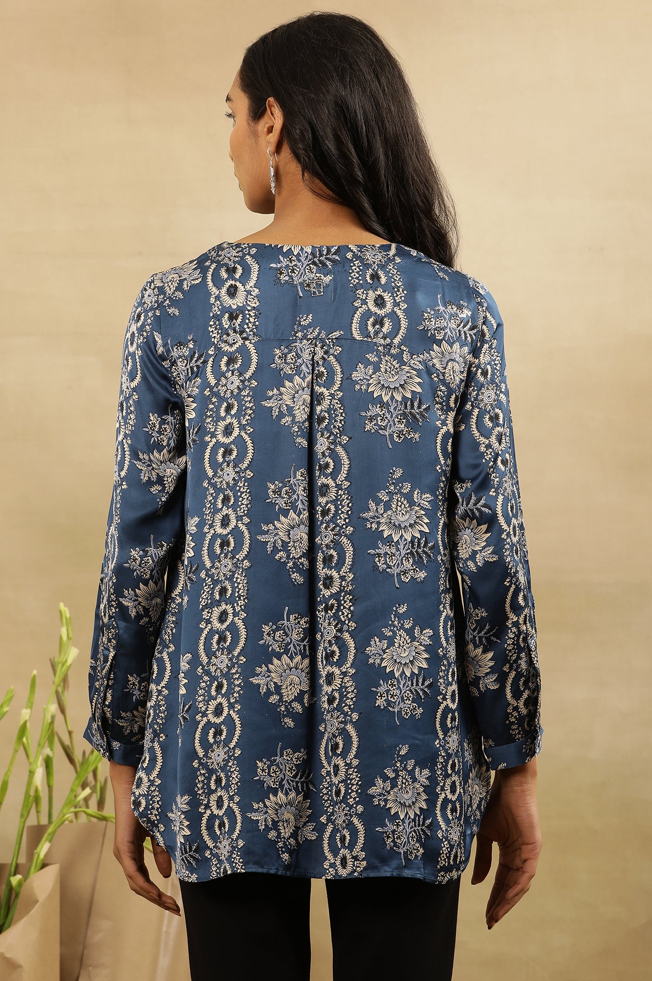 Blue Ajrakh Floral Print Top With Half Placket