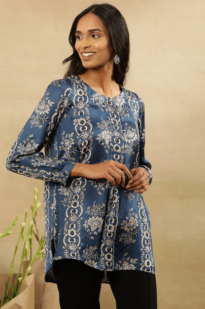 Blue Ajrakh Floral Print Top With Half Placket