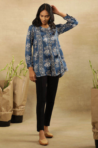 Blue Ajrakh Floral Print Top With Half Placket