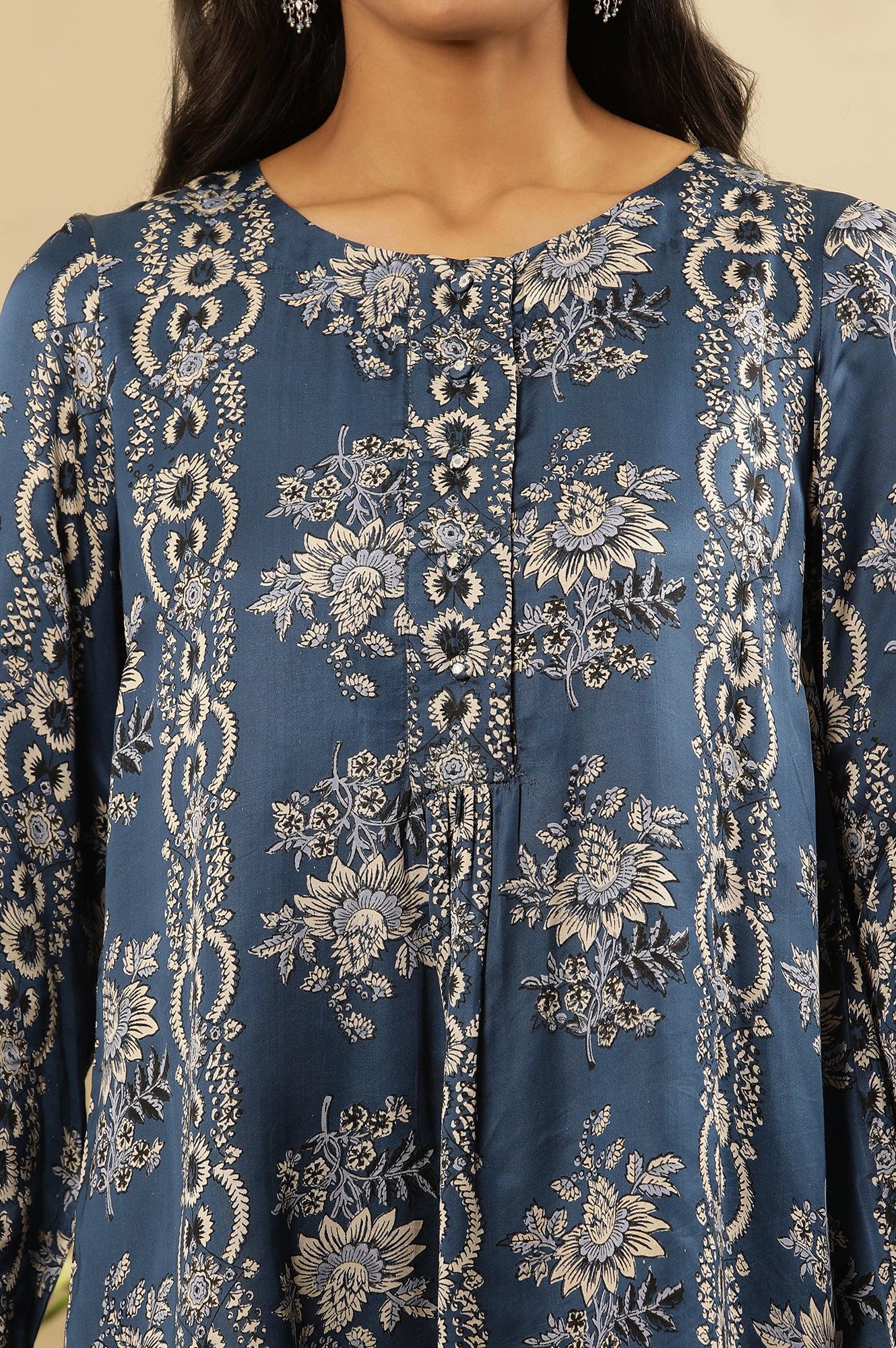 Blue Ajrakh Floral Print Top With Half Placket