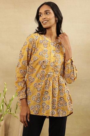 Mustard Block Print Top With Curved Hemline - wforwoman